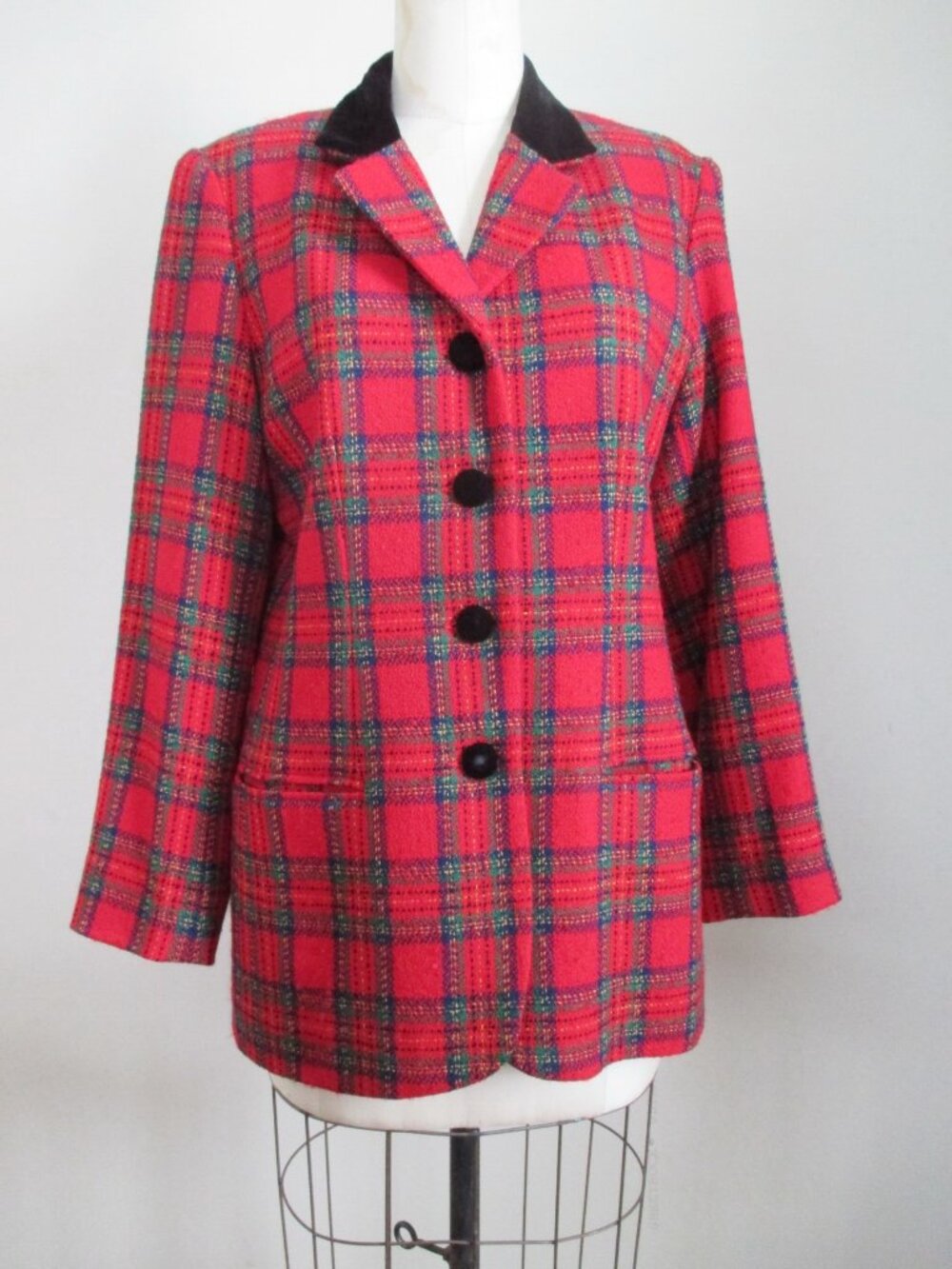 Red Wool Plaid Jacket Black Velvet Collar and Buttons